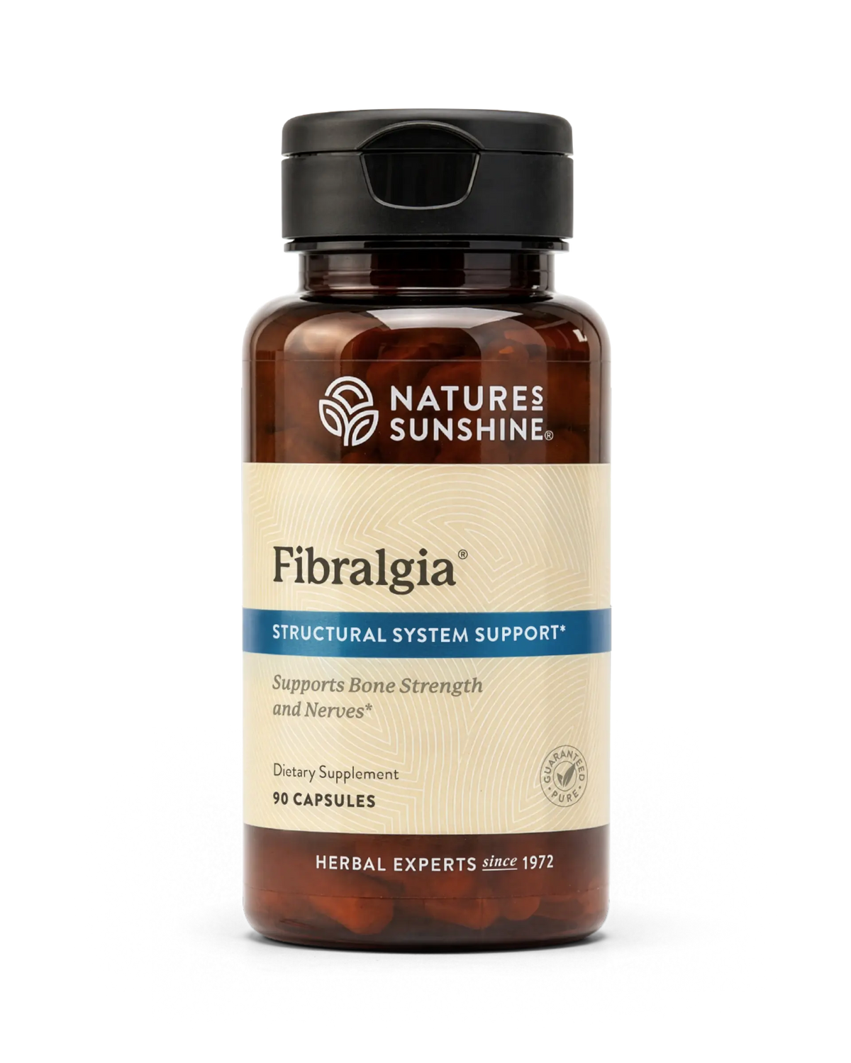 A bottle of Natures Sunshine Fibralgia Structural System Support dietary supplement, containing 10 capsules, on a clean white background.