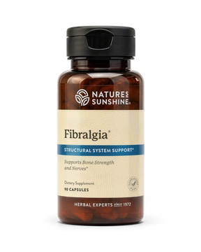 A bottle of Natures Sunshine Fibralgia Structural System Support dietary supplement, containing 10 capsules, on a clean white background.