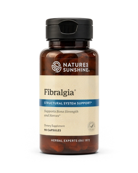A bottle of Natures Sunshine Fibralgia Structural System Support dietary supplement, containing 10 capsules, on a clean white background.