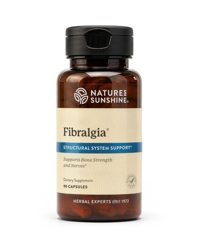 A bottle of Natures Sunshine Fibralgia Structural System Support dietary supplement, containing 10 capsules, on a clean white background.
