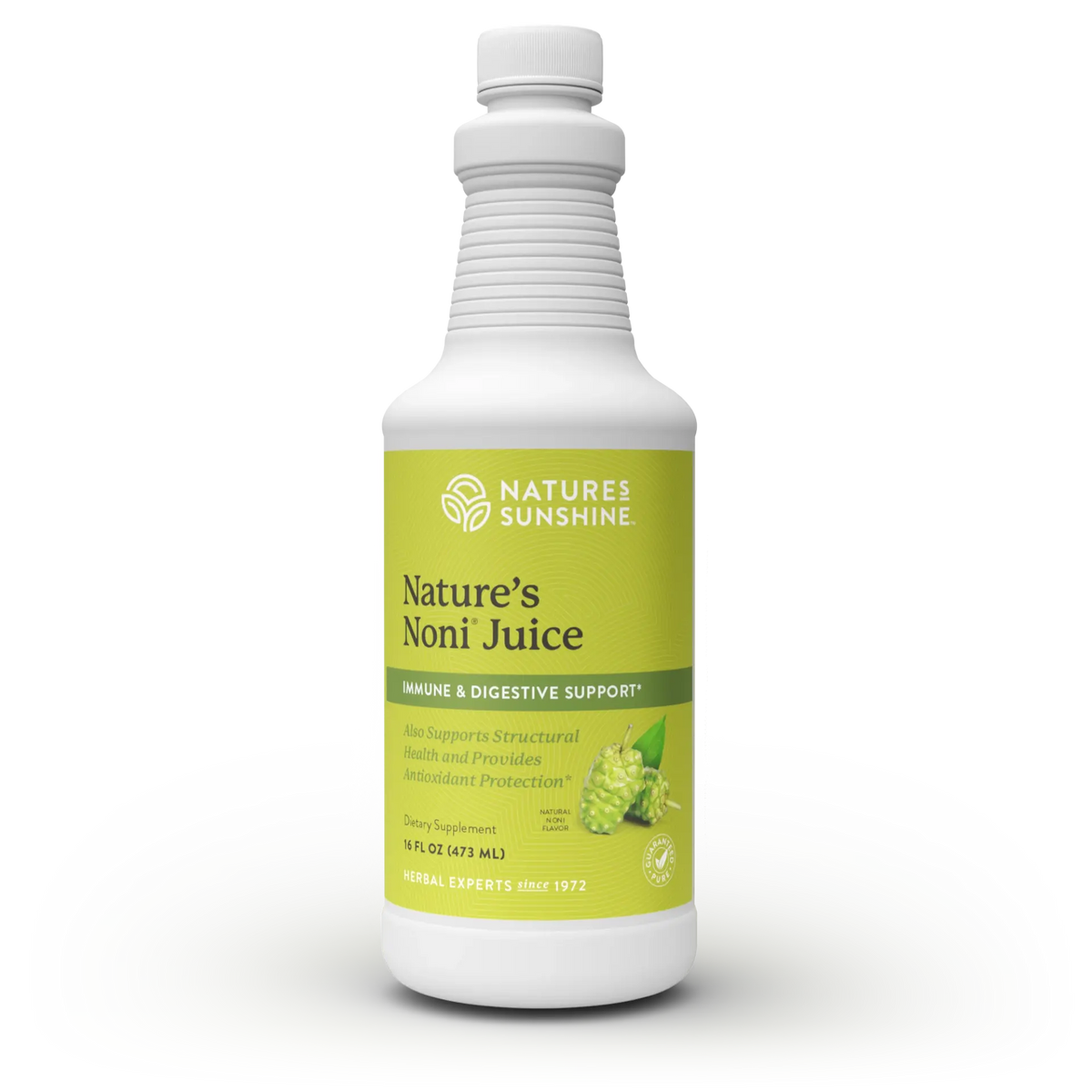 A white plastic bottle of Nature's Sunshine Nature's Noni Juice dietary supplement with a light green label, shown on a plain white background.