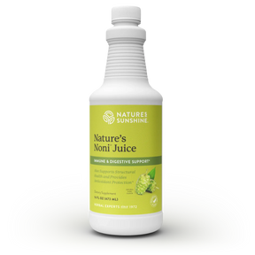 A white plastic bottle of Nature's Sunshine Nature's Noni Juice dietary supplement with a light green label, shown on a plain white background.