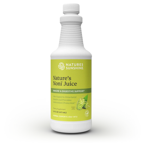 A white plastic bottle of Nature's Sunshine Nature's Noni Juice dietary supplement with a light green label, shown on a plain white background.
