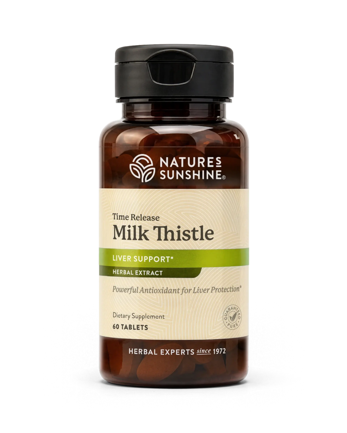 Nature's Sunshine Milk Thistle herbal supplement bottle with a black cap and amber brown plastic, featuring a beige and green label, on a white background.