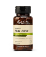 Nature's Sunshine Milk Thistle herbal supplement bottle with a black cap and amber brown plastic, featuring a beige and green label, on a white background.