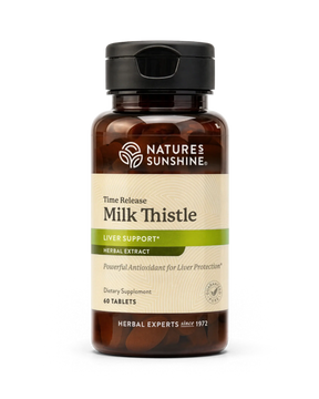 Nature's Sunshine Milk Thistle herbal supplement bottle with a black cap and amber brown plastic, featuring a beige and green label, on a white background.