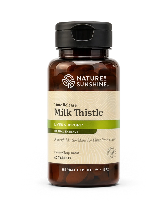 Nature's Sunshine Milk Thistle herbal supplement bottle with a black cap and amber brown plastic, featuring a beige and green label, on a white background.