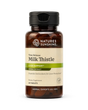 Nature's Sunshine Milk Thistle herbal supplement bottle with a black cap and amber brown plastic, featuring a beige and green label, on a white background.