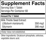A close-up of a supplement facts label showing serving size 1 tablet, servings per container 60, and amounts per 1 tablet: Milk Thistle Seed Extract (Silybum marianum) 350 mg and Silymarin 280 mg, with other ingredients listed below on a white background.