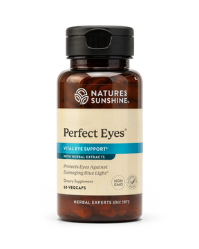 A bottle of Nature's Sunshine Perfect Eyes Vital Eye Support dietary supplement with herbal extracts, featuring amber brown plastic and a black cap on a white background.