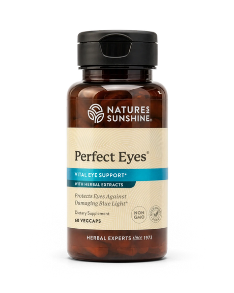 A bottle of Nature's Sunshine Perfect Eyes Vital Eye Support dietary supplement with herbal extracts, featuring amber brown plastic and a black cap on a white background.