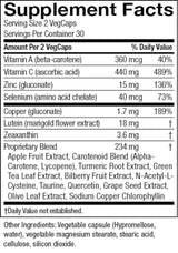 A close-up of a supplement facts label for VegCaps, showing serving size 2 VegCaps and a list of nutrients and ingredients per serving.