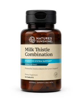 A bottle of Nature's Sunshine Milk Thistle Combination dietary supplement, containing 90 tablets, on a clean white background.