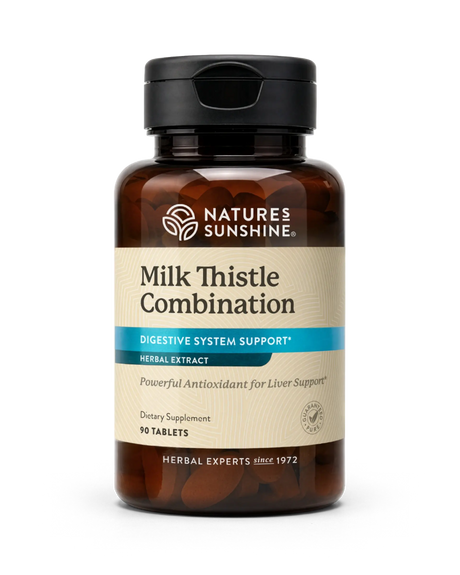 A bottle of Nature's Sunshine Milk Thistle Combination dietary supplement, containing 90 tablets, on a clean white background.