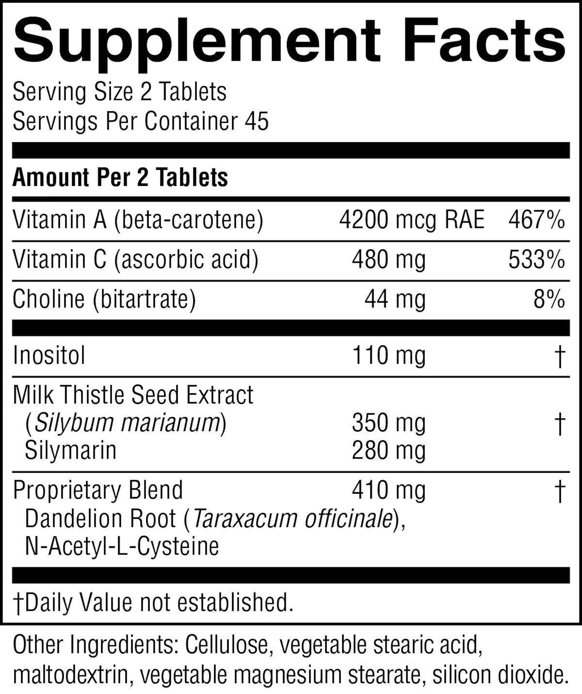 A close-up of a supplement facts label showing serving size 2 tablets and a list of ingredients and amounts per 2 tablets, including Vitamin A, Vitamin C, Choline, Inositol, Milk Thistle Seed Extract, Silymarin, and a proprietary blend.