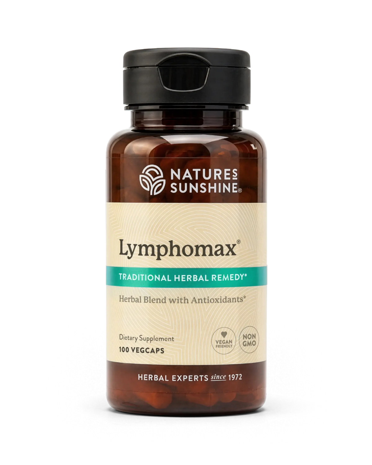 A bottle of Natures Sunshine Lymphomax herbal supplement with a black cap and a beige label, shown on a clean white background.