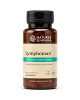 A bottle of Natures Sunshine Lymphomax herbal supplement with a black cap and a beige label, shown on a clean white background.