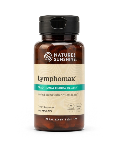 A bottle of Natures Sunshine Lymphomax herbal supplement with a black cap and a beige label, shown on a clean white background.