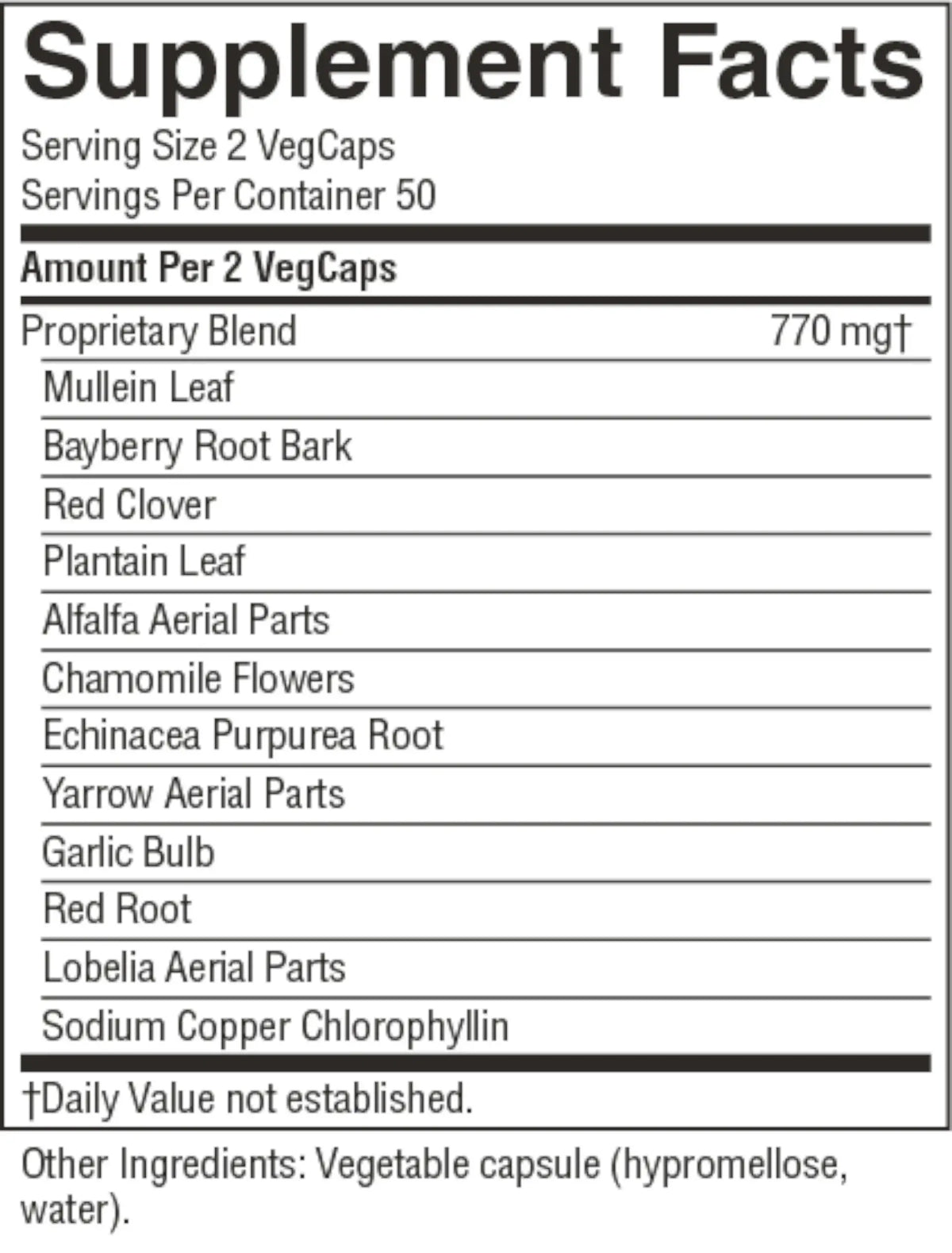 A close-up of a Supplement Facts label showing serving size 2 VegCaps, 50 servings per container, and a list of ingredients including Mullein Leaf, Bayberry Root Bark, Red Clover, Plantain Leaf, Alfalfa Aerial Parts, Chamomile Flowers, Echinacea Purpurea Root, Yarrow Aerial Parts, Garlic Bulb, Red Root, Lobelia Aerial Parts, and Sodium Copper Chlorophyllin.