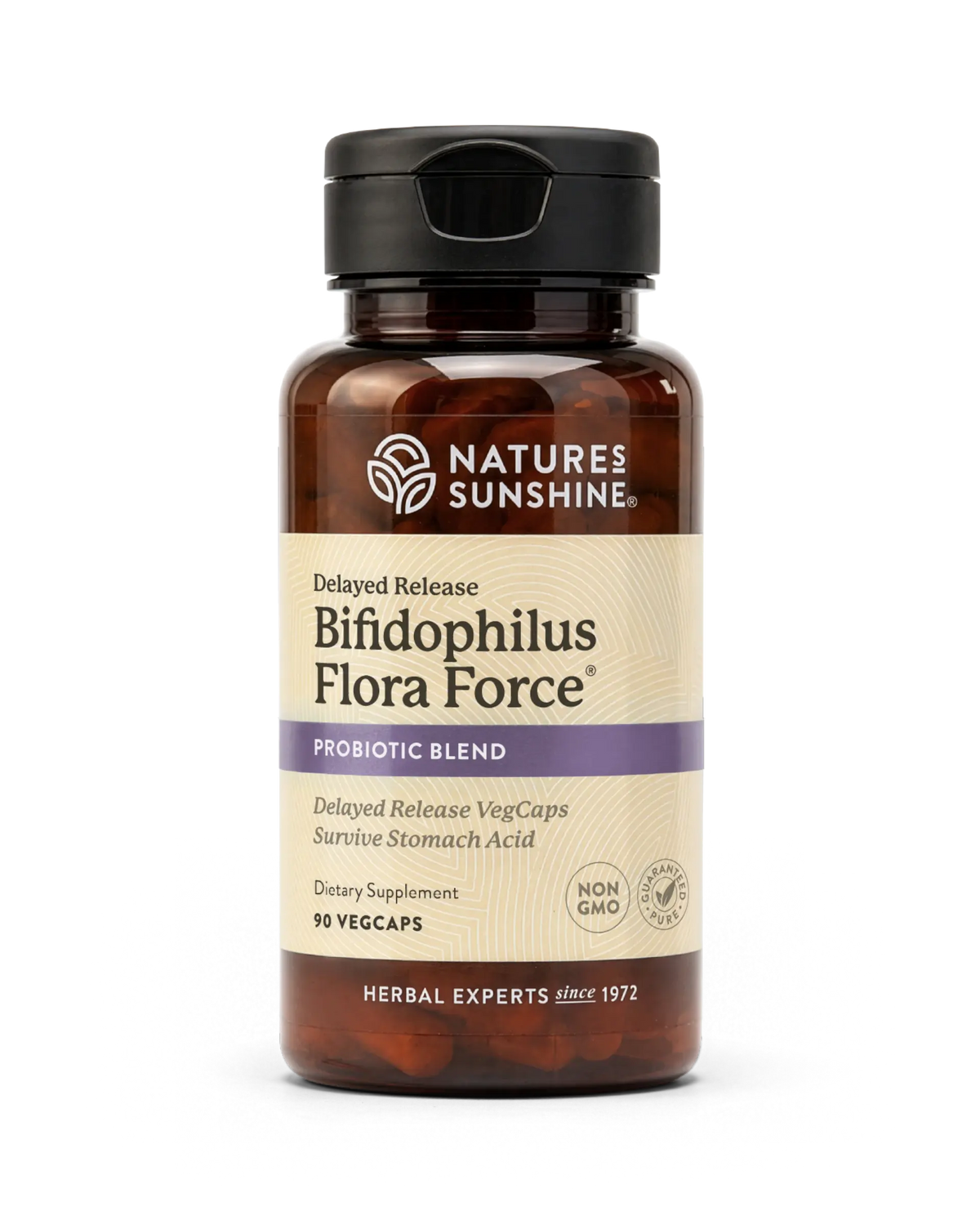 A bottle of Nature's Sunshine Bifidophilus Flora Force probiotic supplement, featuring amber brown plastic, a black cap, and a beige label with purple accents, set against a plain white background.