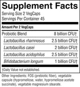 A black and white Supplement Facts label showing probiotic blend details for 2 VegCaps, including bacterial CFU counts for Lactobacillus rhamnosus, Lactobacillus casei, Lactobacillus acidophilus, and Bifidobacterium longum.