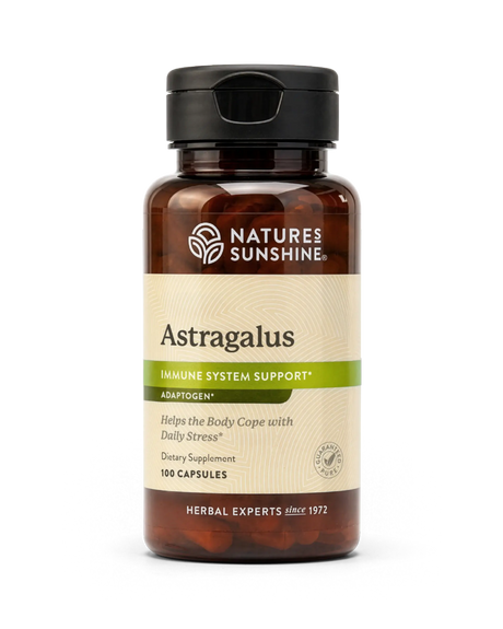 A bottle of Natures Sunshine Astragalus dietary supplement, featuring an amber glass bottle with a black cap and a beige label with green accents, on a white background.