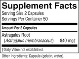 A Supplement Facts label showing serving size 2 capsules, 50 servings per container, Astragalus Root at 840 mg, and capsule ingredients listed at the bottom.