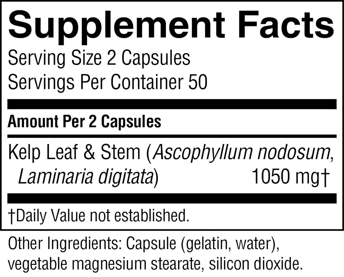A close-up of a supplement facts label showing serving size 2 capsules, servings per container 50, and kelp leaf & stem at 1050 mg. Other ingredients listed include capsule (gelatin, water), vegetable magnesium stearate, and silicon dioxide.