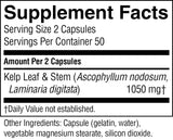 A close-up of a supplement facts label showing serving size 2 capsules, servings per container 50, and kelp leaf & stem at 1050 mg. Other ingredients listed include capsule (gelatin, water), vegetable magnesium stearate, and silicon dioxide.