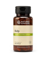 A bottle of Nature's Sunshine Kelp dietary supplement, 100 capsules, featuring an amber brown bottle, black cap, and a beige label with a green accent band.