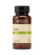 A bottle of Nature's Sunshine Kelp dietary supplement, 100 capsules, featuring an amber brown bottle, black cap, and a beige label with a green accent band.