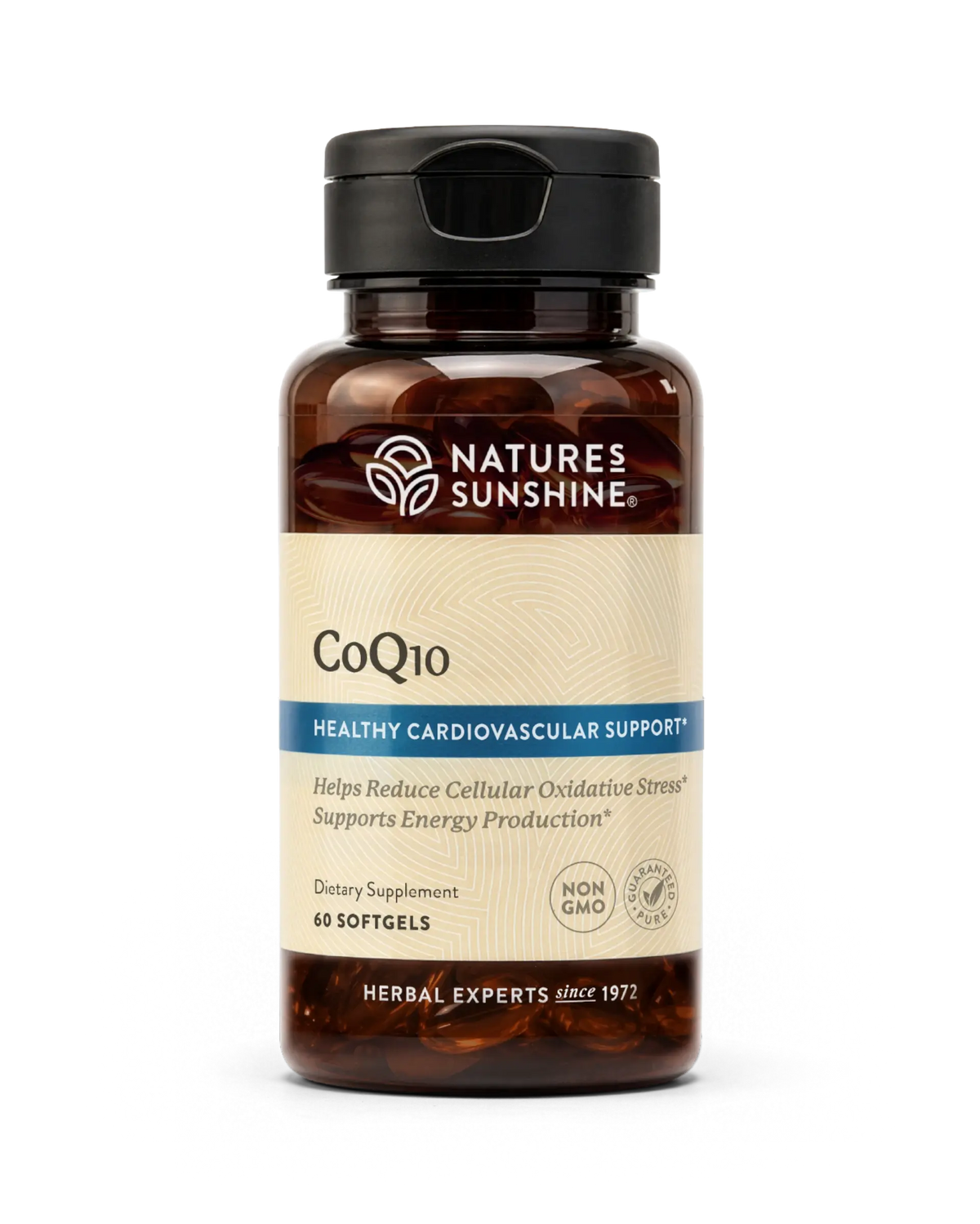 Nature's Sunshine CoQ10 dietary supplement bottle with 60 softgels, featuring a dark amber brown bottle, black cap, and a beige label with blue accents.