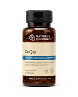 Nature's Sunshine CoQ10 dietary supplement bottle with 60 softgels, featuring a dark amber brown bottle, black cap, and a beige label with blue accents.