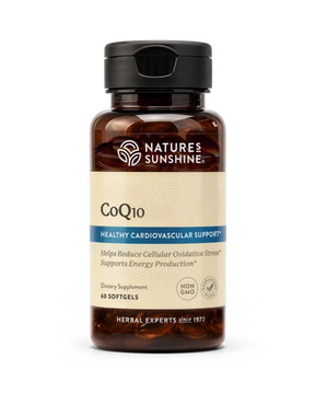 Nature's Sunshine CoQ10 dietary supplement bottle with 60 softgels, featuring a dark amber brown bottle, black cap, and a beige label with blue accents.