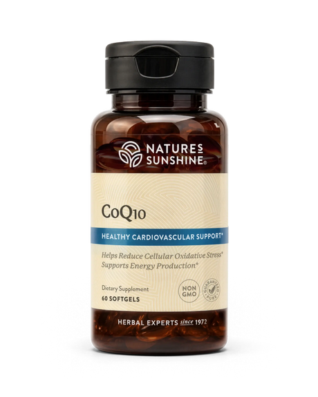 Nature's Sunshine CoQ10 dietary supplement bottle with 60 softgels, featuring a dark amber brown bottle, black cap, and a beige label with blue accents.