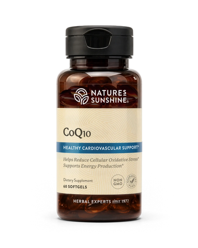 Nature's Sunshine CoQ10 dietary supplement bottle with 60 softgels, featuring a dark amber brown bottle, black cap, and a beige label with blue accents.