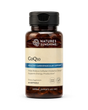 Nature's Sunshine CoQ10 dietary supplement bottle with 60 softgels, featuring a dark amber brown bottle, black cap, and a beige label with blue accents.