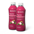 Two bottles of Nature's Sunshine Thai-Go dietary supplement, featuring a deep magenta label with white caps and illustrations of mangosteen fruit and leaves.