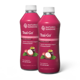 Two bottles of Nature's Sunshine Thai-Go dietary supplement, featuring a deep magenta label with white caps and illustrations of mangosteen fruit and leaves.