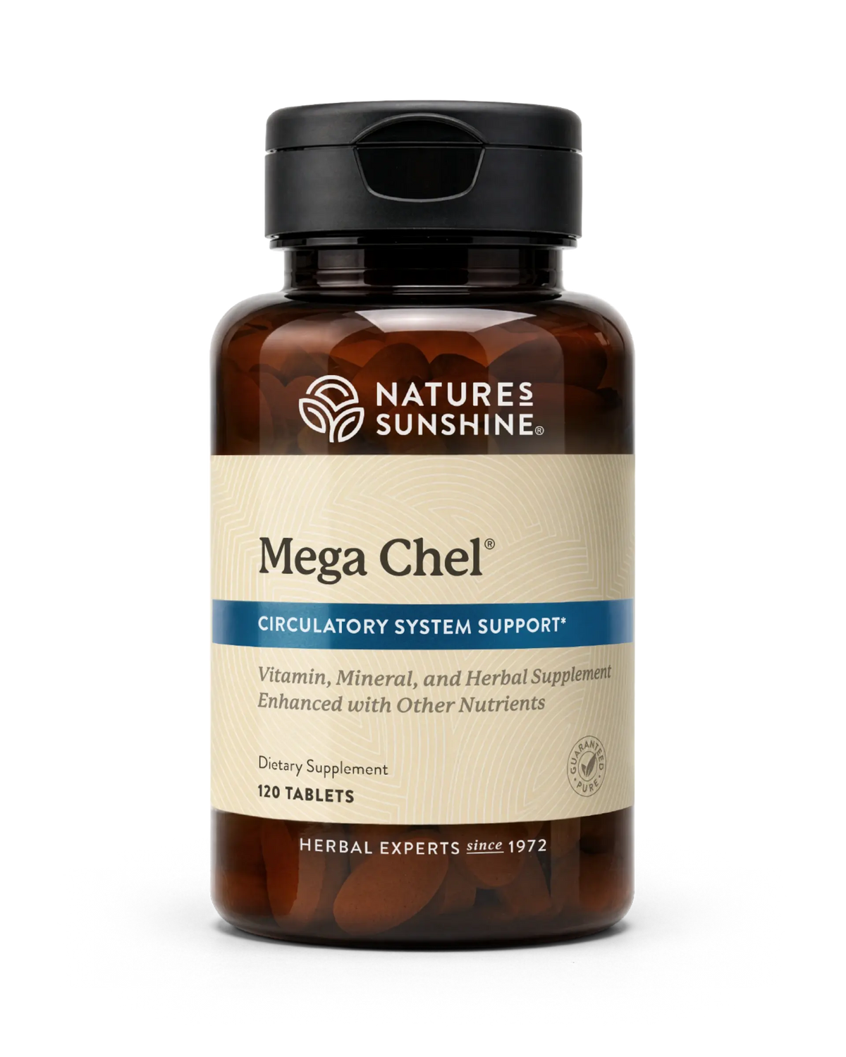 Natures Sunshine Mega Chel dietary supplement bottle with amber plastic, a black cap, and a beige label with blue accents, containing 120 tablets.