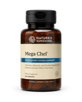 Natures Sunshine Mega Chel dietary supplement bottle with amber plastic, a black cap, and a beige label with blue accents, containing 120 tablets.