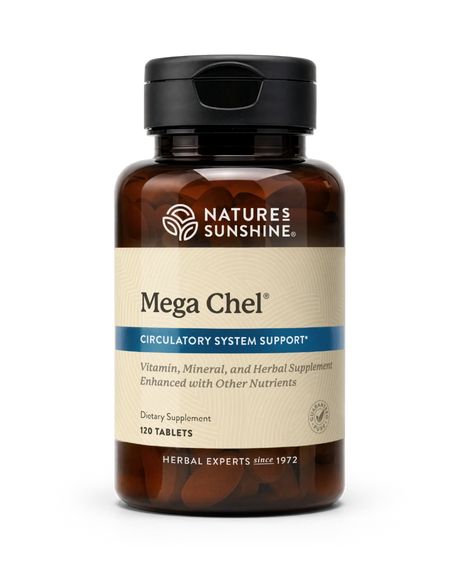Natures Sunshine Mega Chel dietary supplement bottle with amber plastic, a black cap, and a beige label with blue accents, containing 120 tablets.