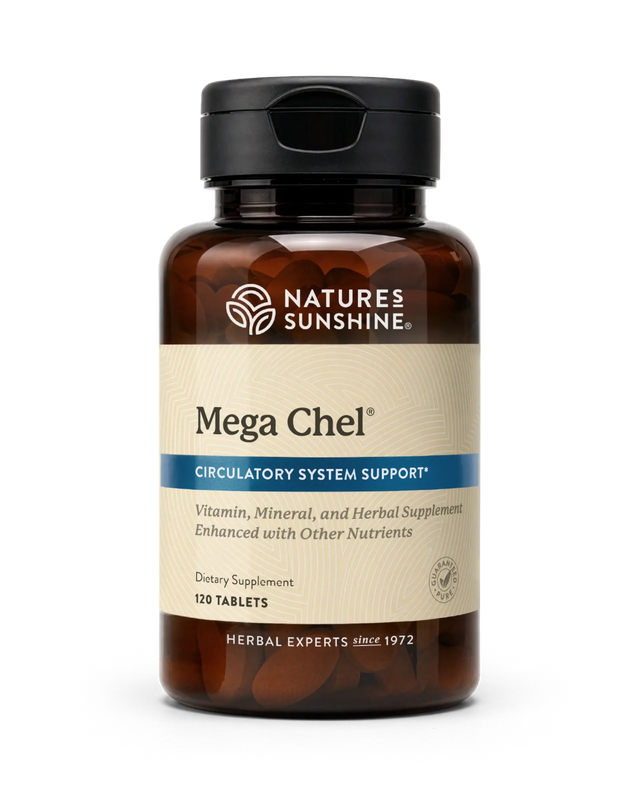 Natures Sunshine Mega Chel dietary supplement bottle with amber plastic, a black cap, and a beige label with blue accents, containing 120 tablets.