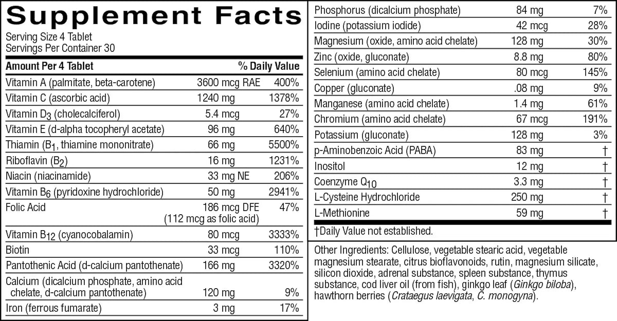 Supplement facts label with detailed nutritional information on a white background