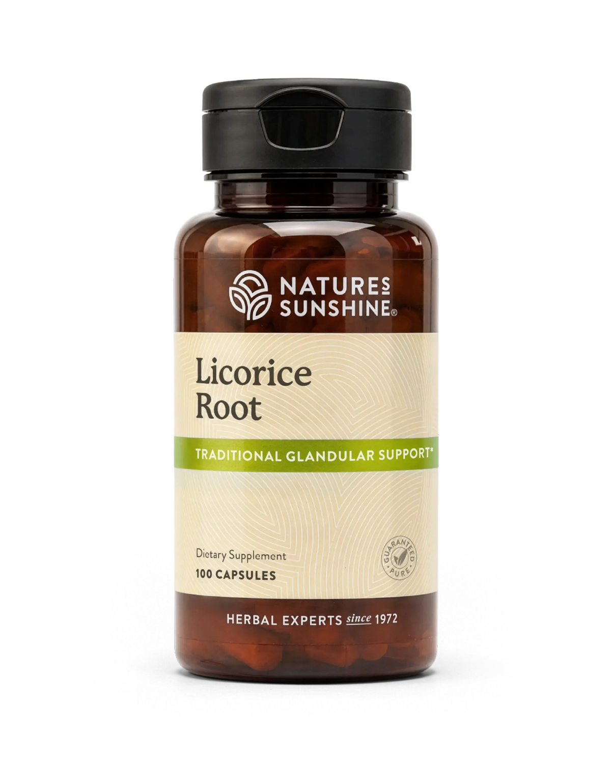 A bottle of Nature's Sunshine Licorice Root dietary supplement, 100 capsules, on a clean white background.