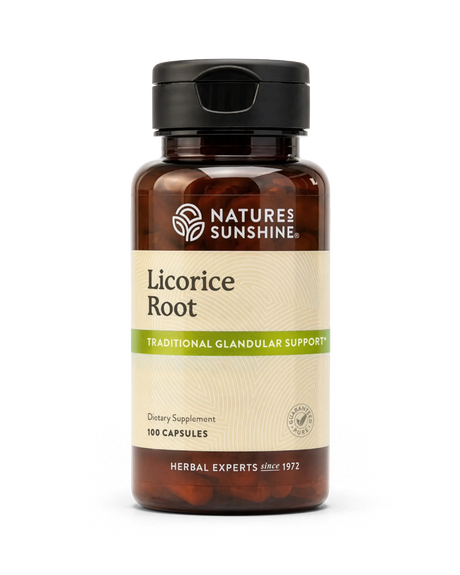 A bottle of Nature's Sunshine Licorice Root dietary supplement, 100 capsules, on a clean white background.