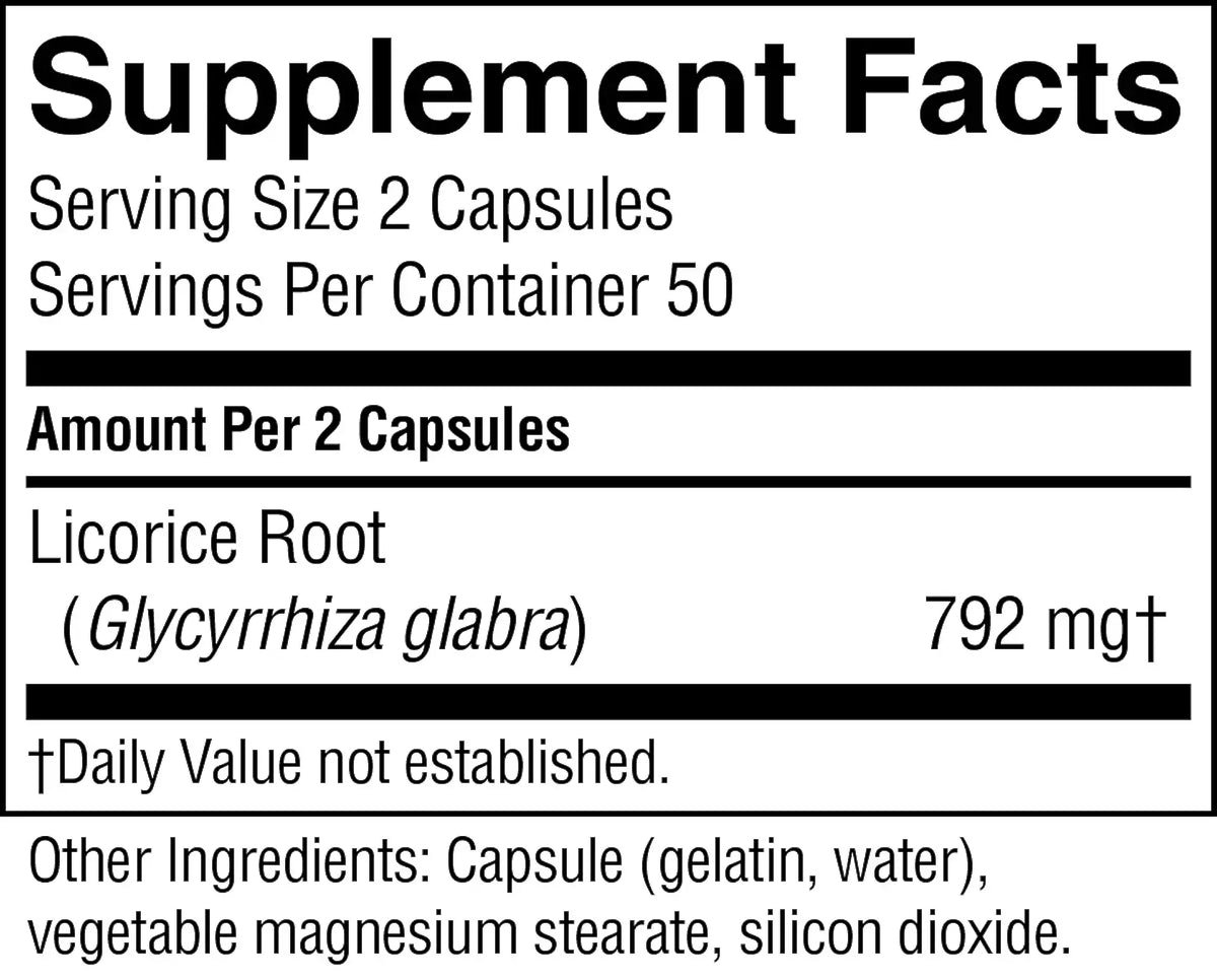 A close-up of a supplement facts label showing 'Supplement Facts' for Licorice Root (Glycyrrhiza glabra) at 792 mg, with serving size 2 capsules and a list of other ingredients at the bottom.