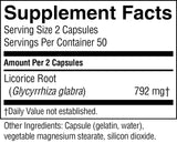 A close-up of a supplement facts label showing 'Supplement Facts' for Licorice Root (Glycyrrhiza glabra) at 792 mg, with serving size 2 capsules and a list of other ingredients at the bottom.