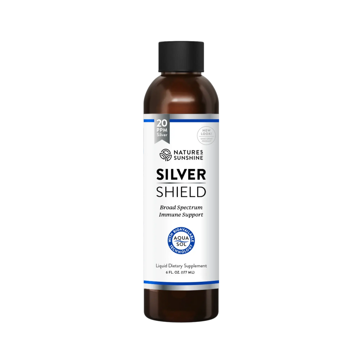 A 4 fl oz amber bottle of Nature's Sunshine Silver Shield liquid dietary supplement with a black cap and white label, shown on a plain white background.