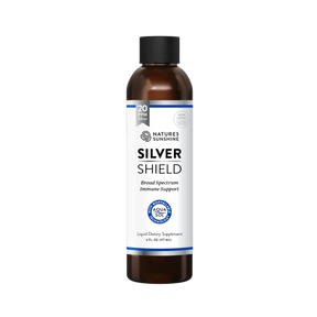 A 4 fl oz amber bottle of Nature's Sunshine Silver Shield liquid dietary supplement with a black cap and white label, shown on a plain white background.